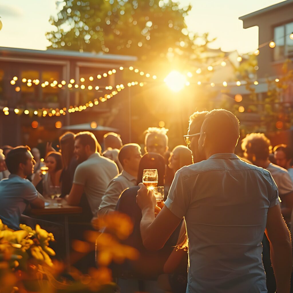 Eine Gruppe von Menschen genießt einen geselligen Abend unter freiem Himmel mit festlicher Beleuchtung, während die Sonne untergeht.